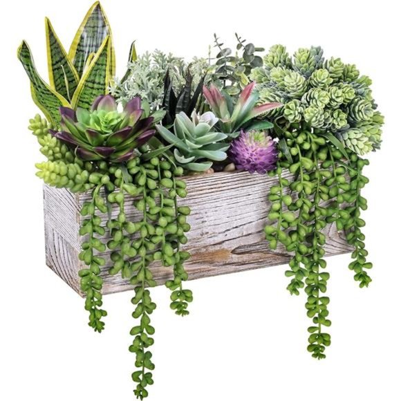 14 Pcs Assorted Artificial Succulents Fake Plants in Rectangular Wooden Pots - Picture 6 of 6